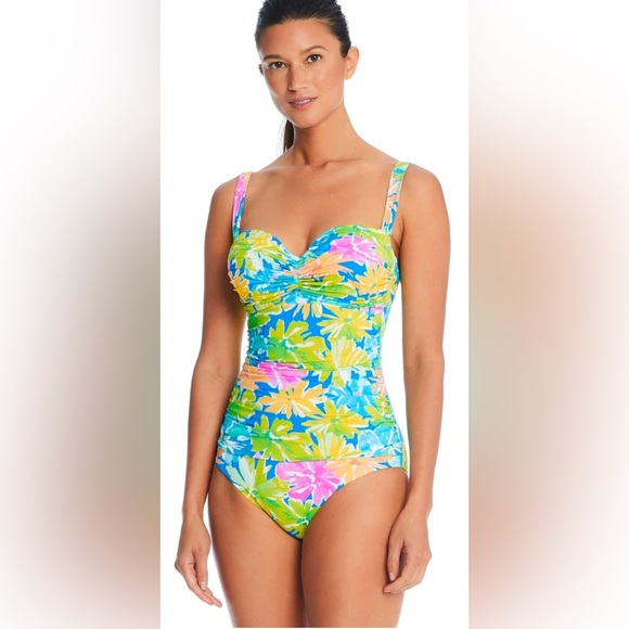 BLEU ROD BEATTIE SPRING IT ON SHIRRED BANDEAU ONE-PIECE SWIMSUIT SIZE 18W - Picture 2 of 6
